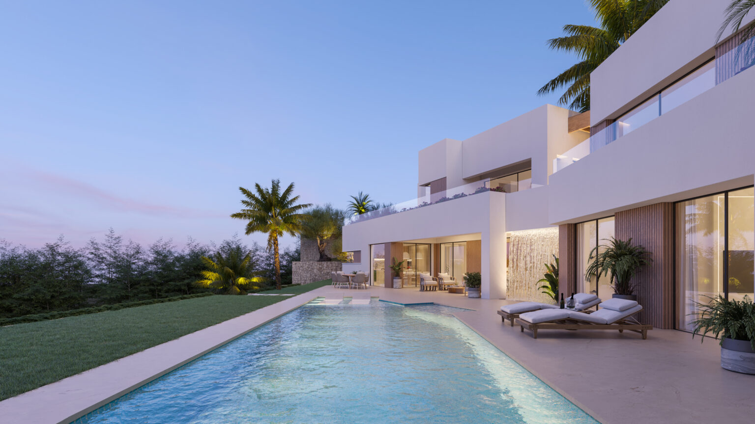 Villa Mar Noruega — render exterior al atardecer