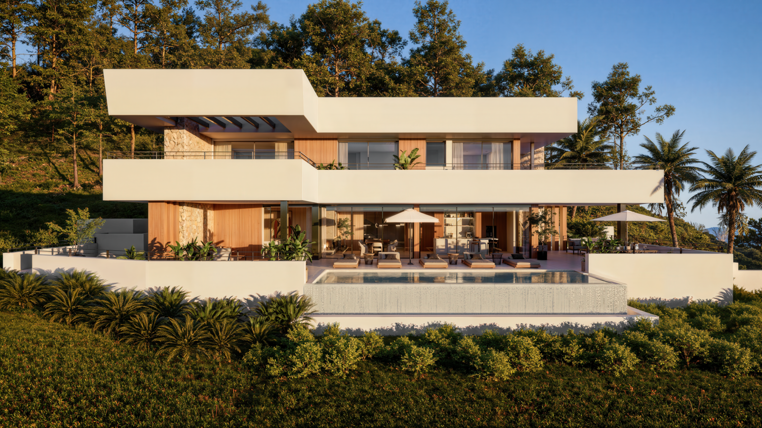 Villa Panoramic Mallorca — render aéreo hiperrealista